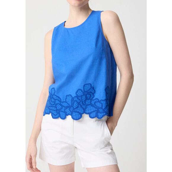 NWT J.Crew Embroidered trim shell Blue Sleeveless Tank Size Small Causal Linen - Picture 1 of 9